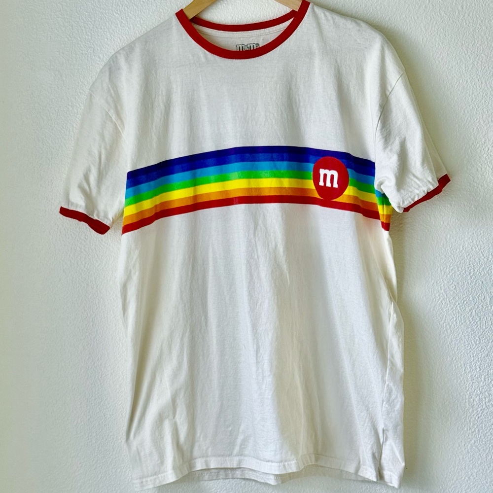 M&M's Rainbow Pride Stripe Ringer T-Shirt White Red XL Retro Style